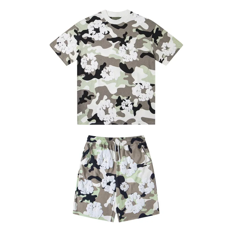 D316# ​​Top P132 D317# Pants P136 DENIM TEARS Kapok European and American fashion brand high quality correct version foam flocking camouflage printed short-sleeved suit Color Camouflage blue Camouflage powder Camouflage gray Camouflage apricot Camouflage green Size S-XL